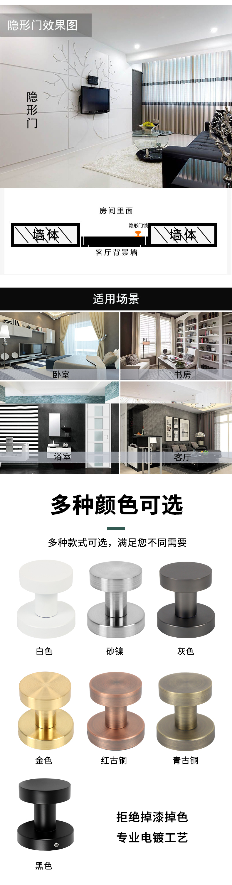 锌合金暗藏式球形锁卧室房门背景墙暗门锁